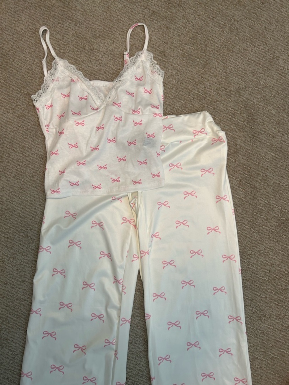 SHEIN Women's Cream Pink Bow Lace-Trim Pajama Set